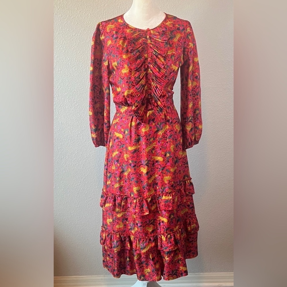 JCrew Collection Silk Jungle Cat Floral Tiered Ruffle Dress Red Size 00